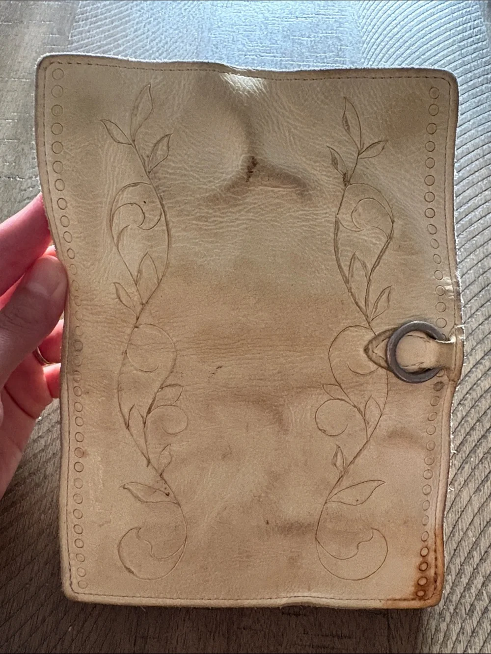 Hand-Tooled Leather Wallet Clutch in Light Beige